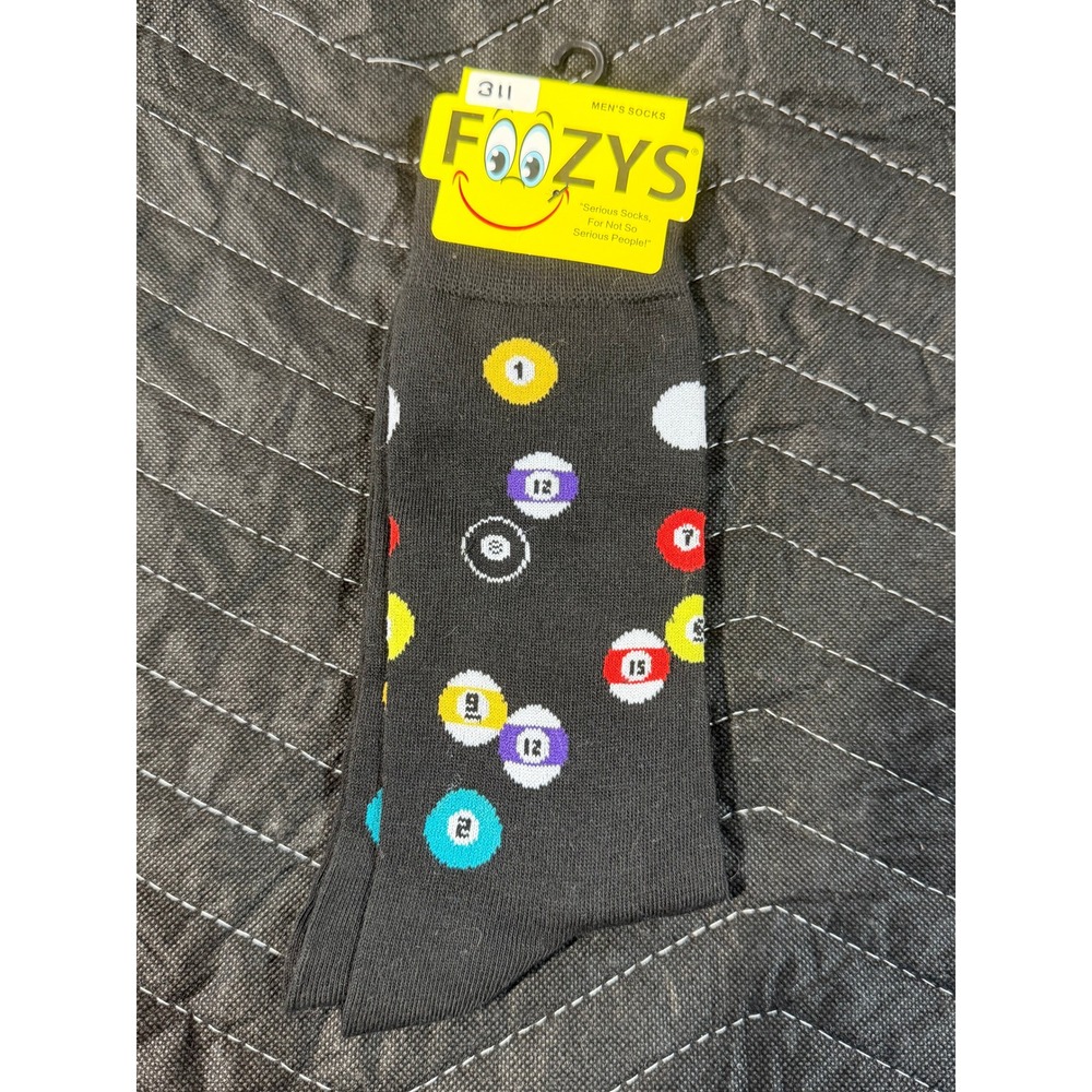 Foozys Crew Socks Mens 10-13 Black New Billiard‎ Pool Ball Novelty Print FM-01
